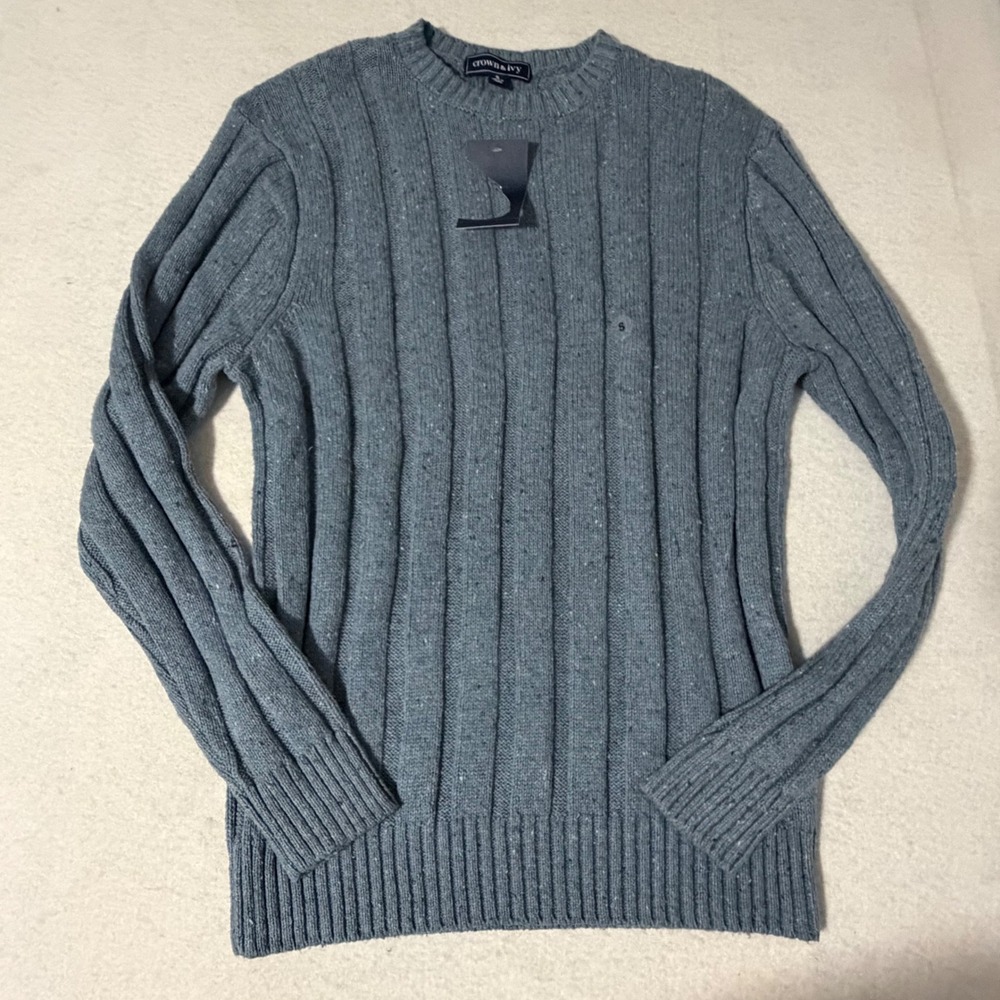 Crown & Ivy Mens Small Blue Marl Speckled Ribbed Crew Neck Sweater NWT